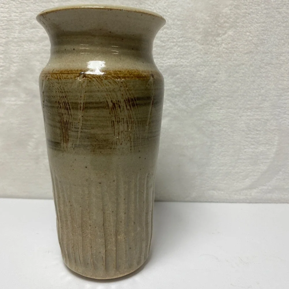 Stoneware Signed Vase Beige‎ Earthy Glaze Textured Vertical Lines Art Pottery